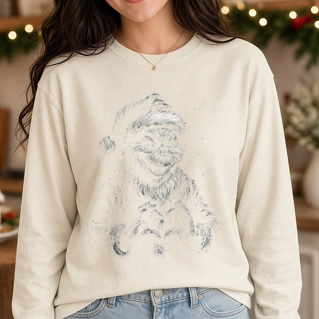 Half-tone Viral GRINCH DTF transfer shown on a Comfort Colors long sleeve tee