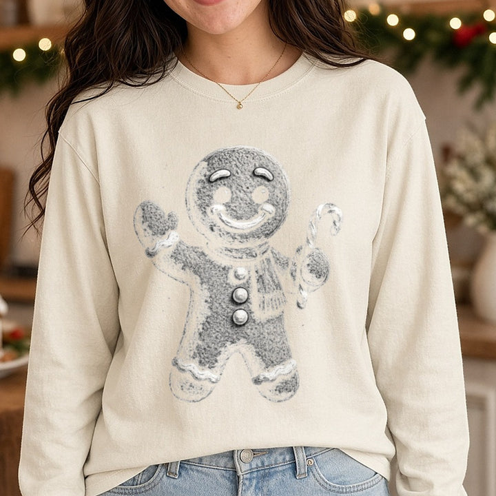 Half-tone Viral GINGERBREAD DTF transfer shown on a Comfort Colors long sleeve tee