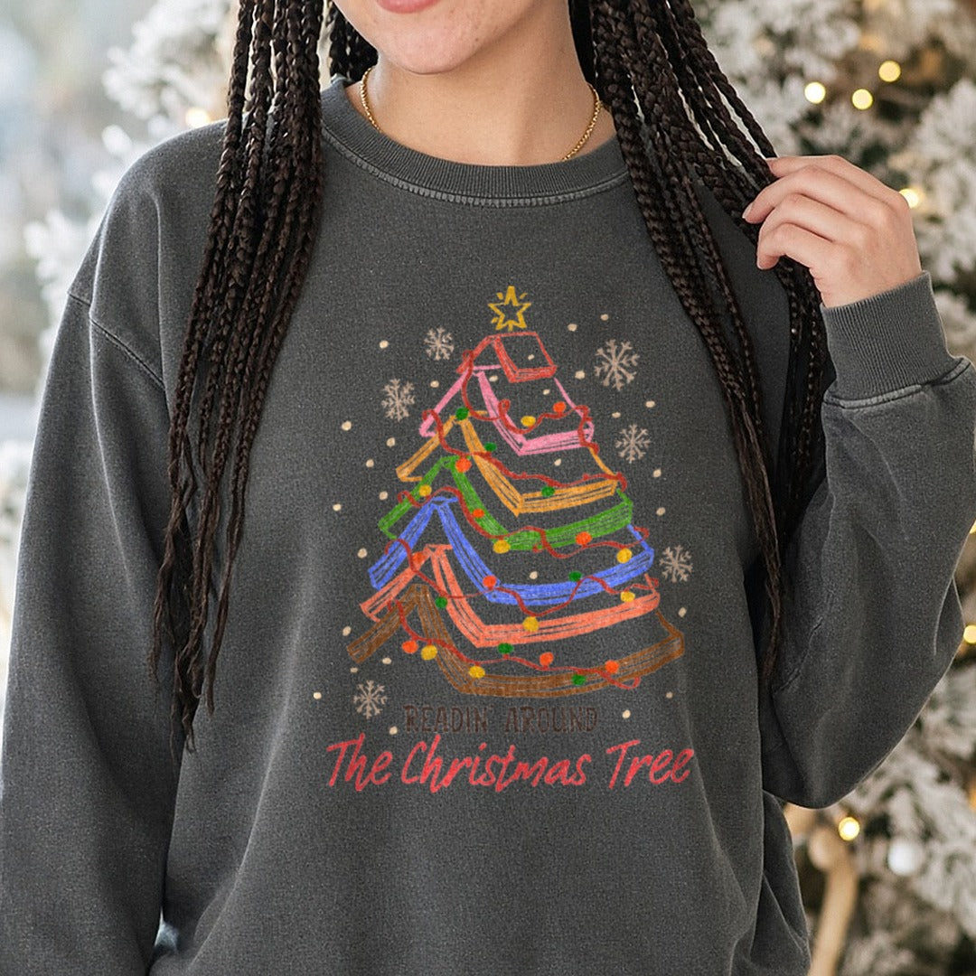 Christmas Tree Book DTF transfer shown on a Comfort Colors sweatshirt