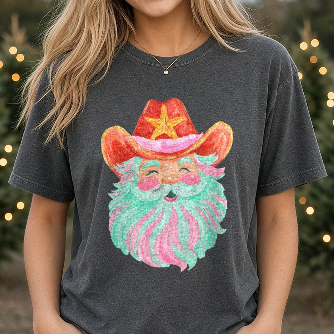Cowboy Santa Iridescent Christmas DTF transfer shown on a Comfort Colors tee
