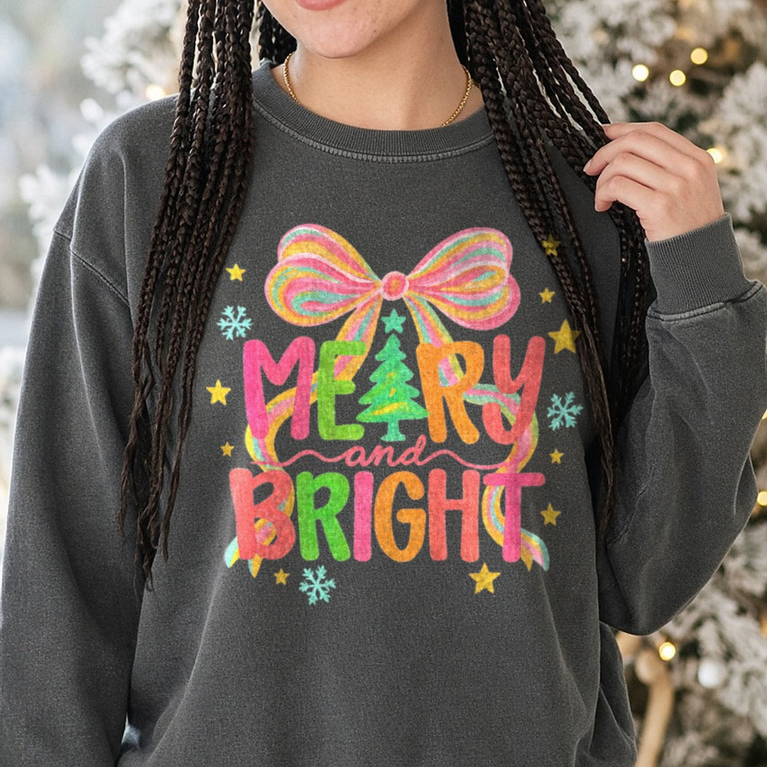 Merry and Bright DTF transfer shown on a Comfort Colors sweatshirt