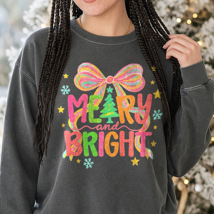Merry and Bright DTF transfer shown on a Comfort Colors sweatshirt