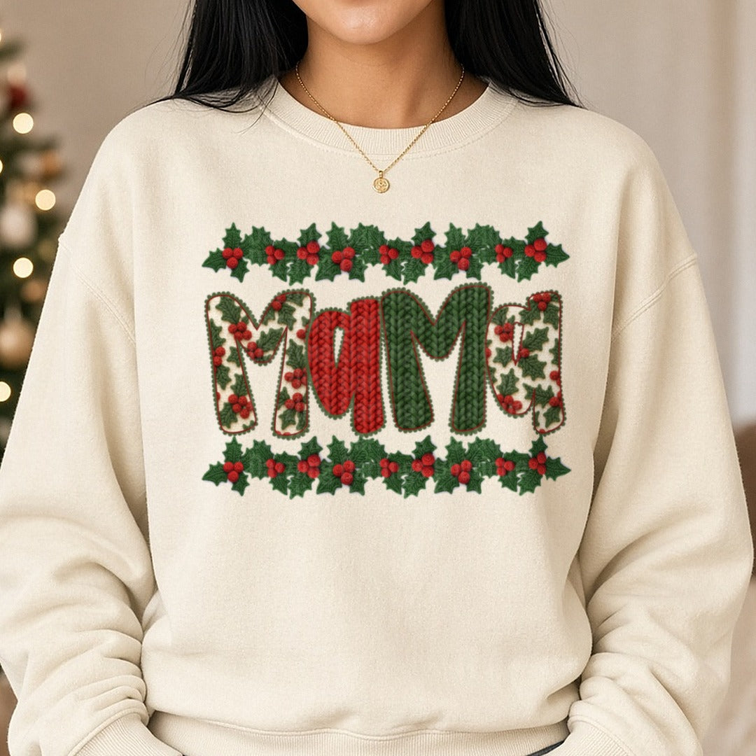 Mama Christmas Knit Holly Border Letters DTF transfer shown on a Comfort Colors sweatshirt