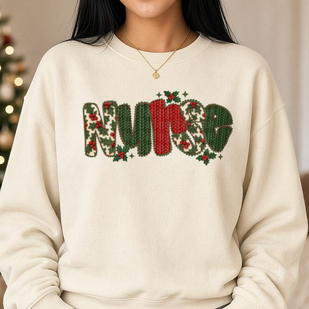 Nurse Christmas DTF transfer shown on a Comfort Colors sweatshirt