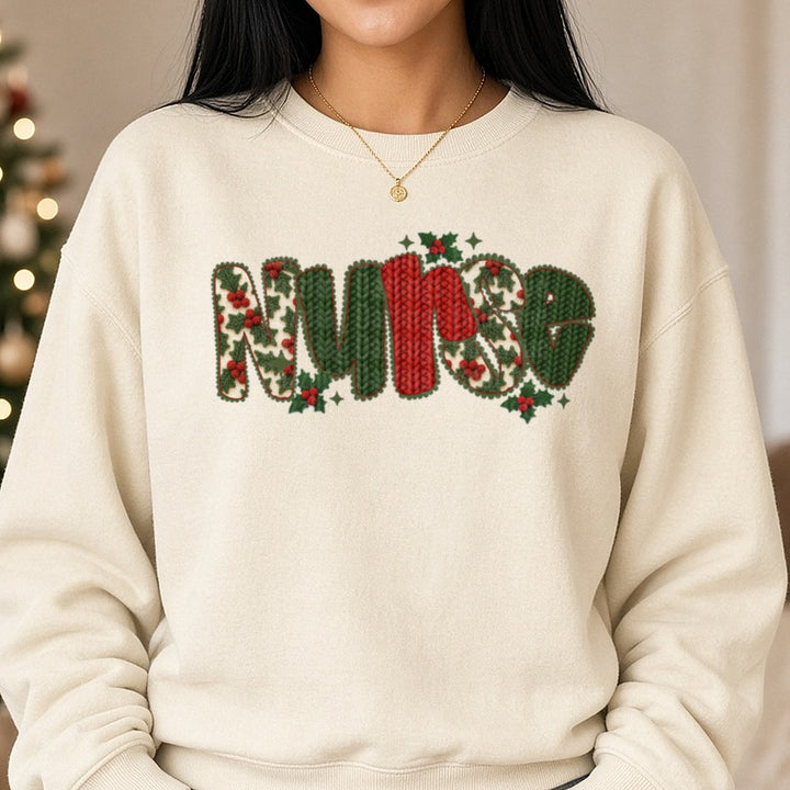 Nurse Christmas DTF transfer shown on a Comfort Colors sweatshirt