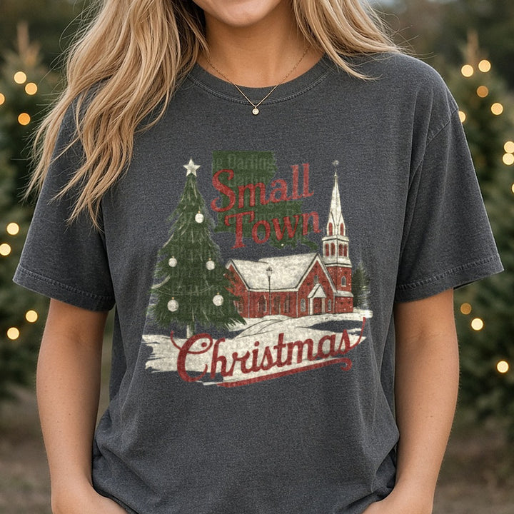 Small Town Christmas Church DTF transfer shown on a Comfort Colors tee