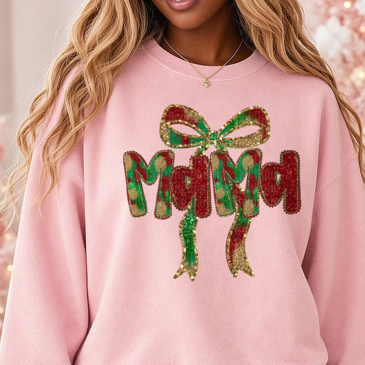 Mama Christmas DTF transfer shown on a Comfort Colors sweatshirt