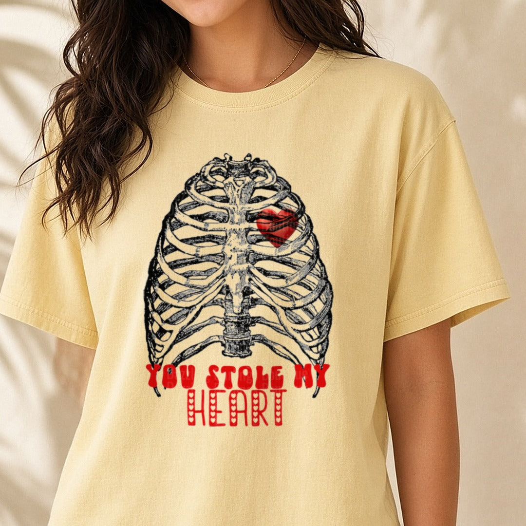 You Stole My Heart Skeleton Rib Cage Valentine DTF transfer shown on a Comfort Colors tee