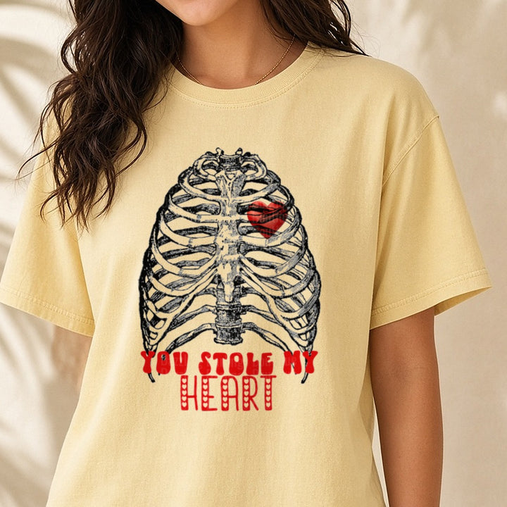 You Stole My Heart Skeleton Rib Cage Valentine DTF transfer shown on a Comfort Colors tee