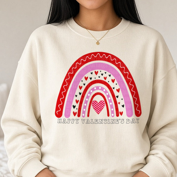 Happy Valentine's Day Pink Red Rainbow Hearts DTF transfer shown on a Comfort Colors sweatshirt