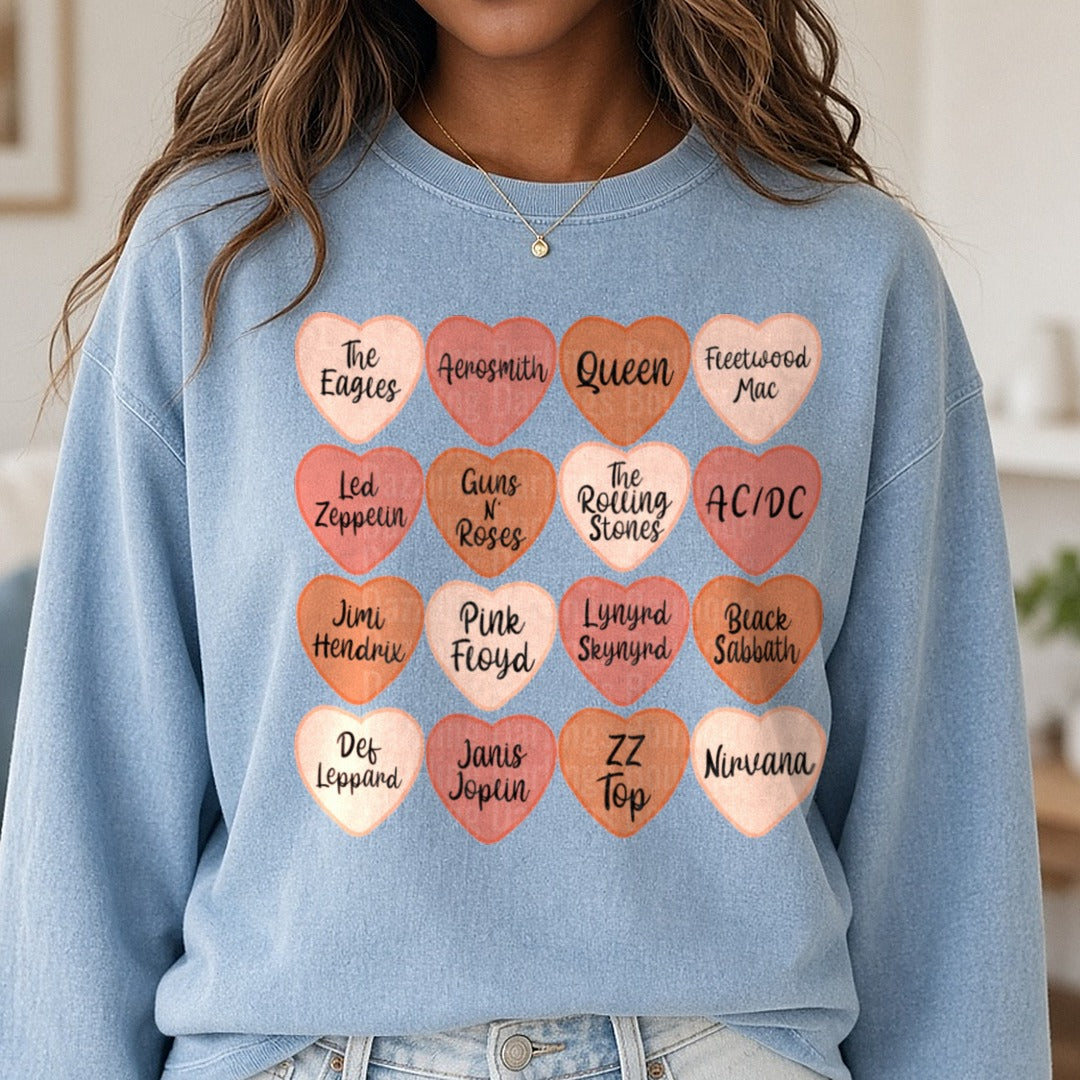 Classic Rock Bands Conversation Hearts Valentine DTF transfer shown on a Comfort Colors sweatshirt