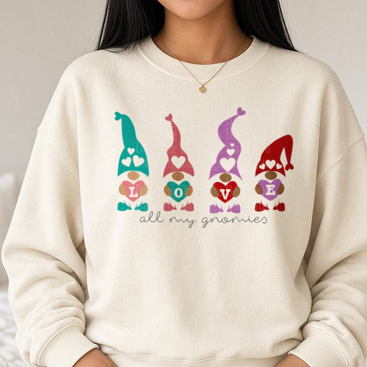 All My Gnomies LOVE Valentine Gnomes DTF transfer shown on a Comfort Colors sweatshirt