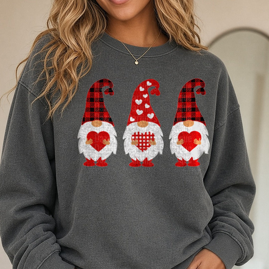 Happy Valentine's Day Buffalo Plaid Gnomes DTF transfer shown on a Comfort Colors sweatshirt