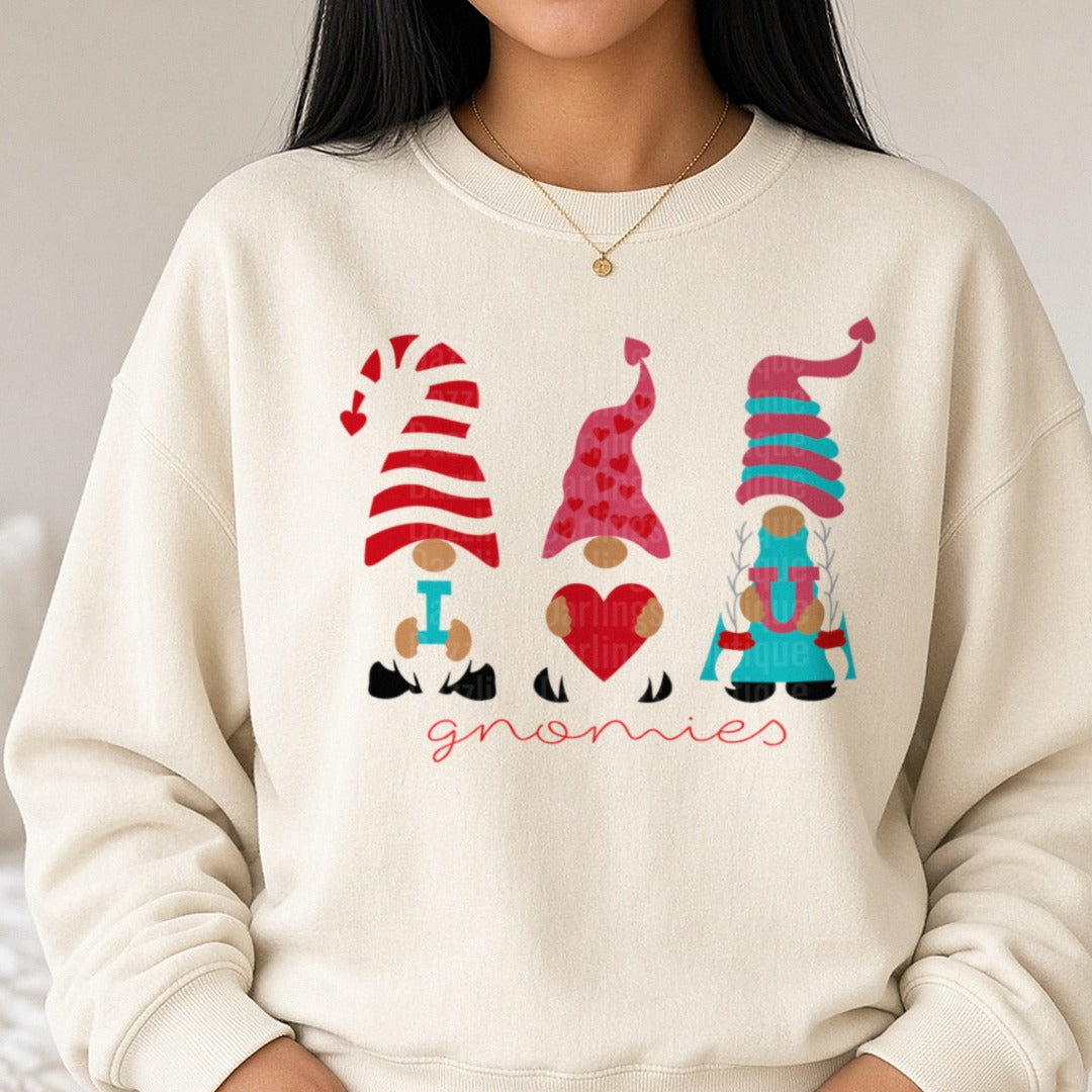 I Love You Gnomies Valentine Gnomes DTF transfer shown on a Comfort Colors sweatshirt