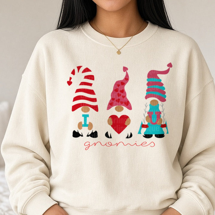 I Love You Gnomies Valentine Gnomes DTF transfer shown on a Comfort Colors sweatshirt