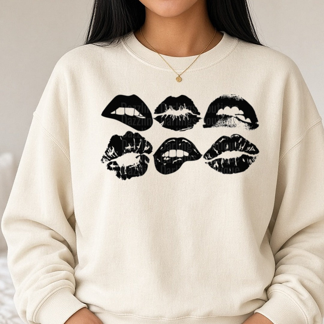 Black Kiss Lips Valentine DTF transfer shown on a Comfort Colors sweatshirt