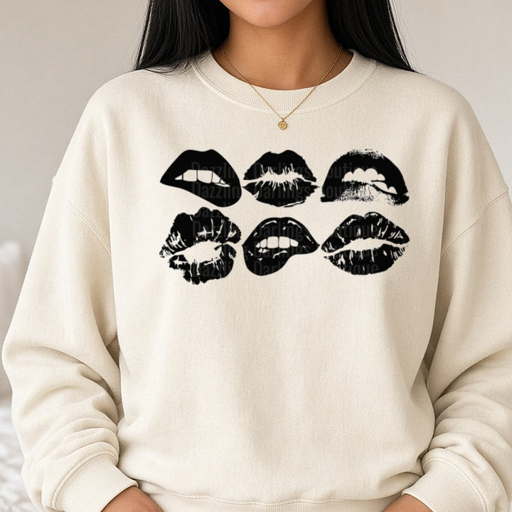 Black Kiss Lips Valentine DTF transfer shown on a Comfort Colors sweatshirt