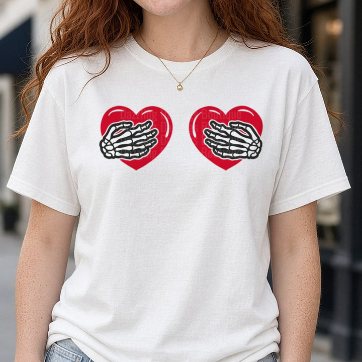 Skeleton Hands Red Hearts Valentine DTF transfer shown on a Comfort Colors tee