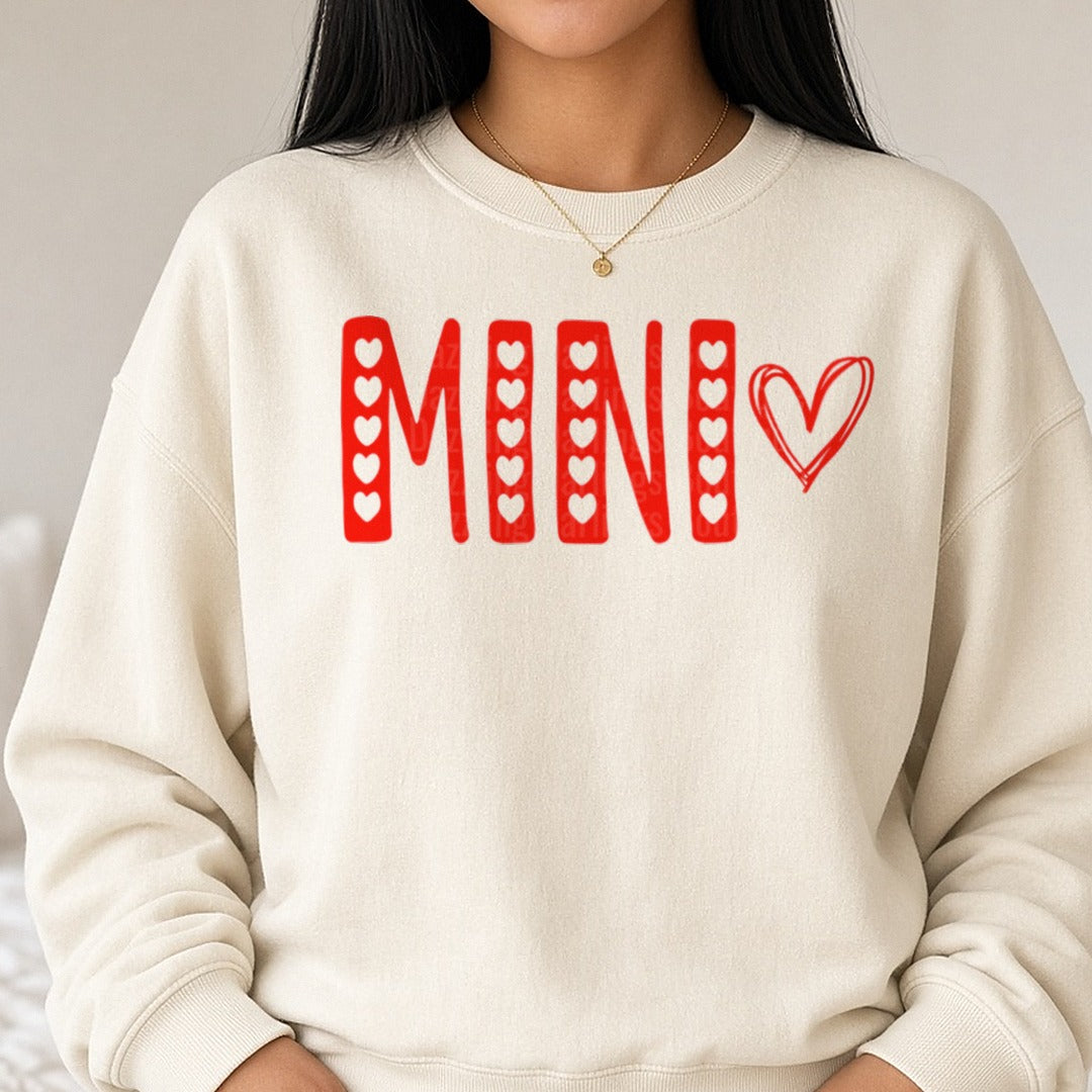 Mini Red Hearts Valentine DTF transfer shown on a Comfort Colors sweatshirt