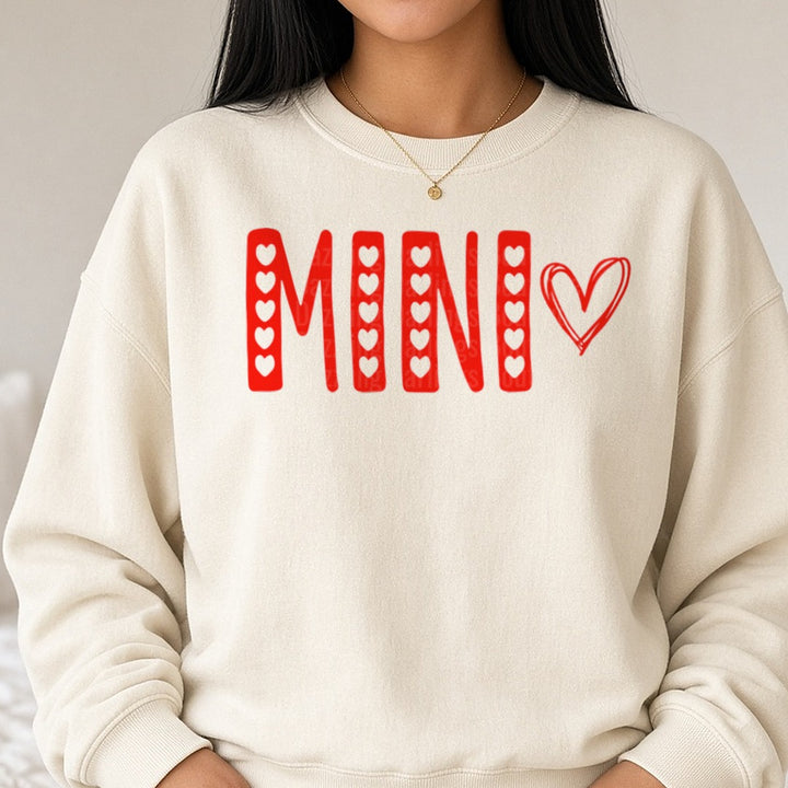 Mini Red Hearts Valentine DTF transfer shown on a Comfort Colors sweatshirt
