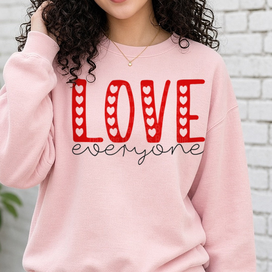 Love Everyone Red Hearts Valentine DTF transfer shown on a Comfort Colors sweatshirt