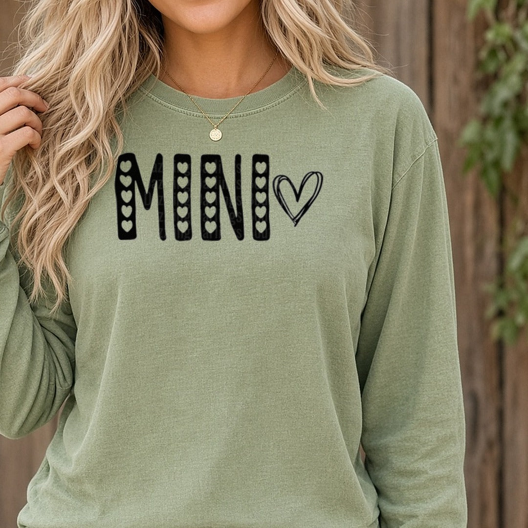 Mini Black Hearts Valentine DTF transfer shown on a Comfort Colors long sleeve tee