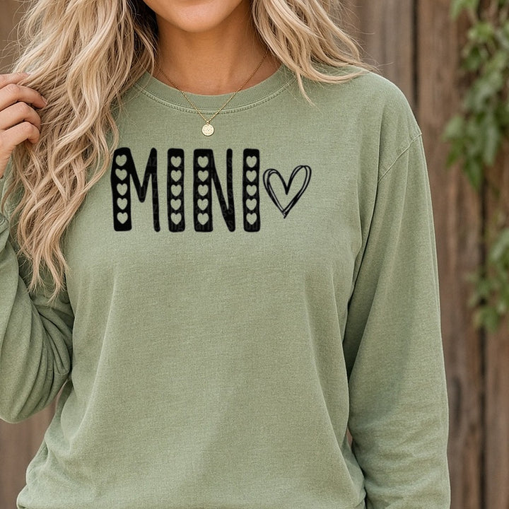 Mini Black Hearts Valentine DTF transfer shown on a Comfort Colors long sleeve tee