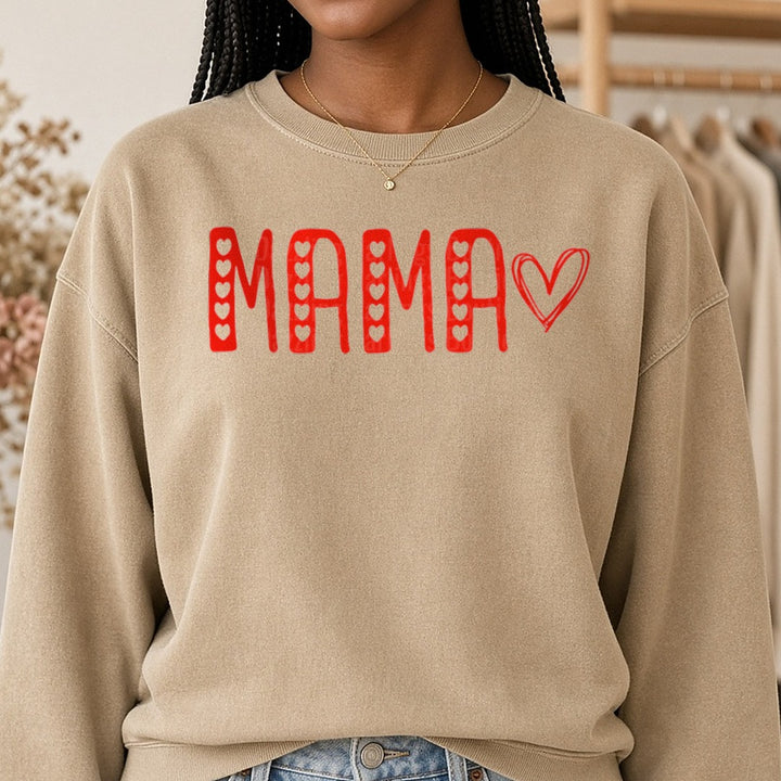 Mama Red Hearts Valentine DTF transfer shown on a Comfort Colors sweatshirt