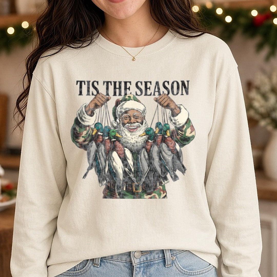 Darker skin tone Santa duck hunting - Copy DTF transfer shown on a Comfort Colors long sleeve tee