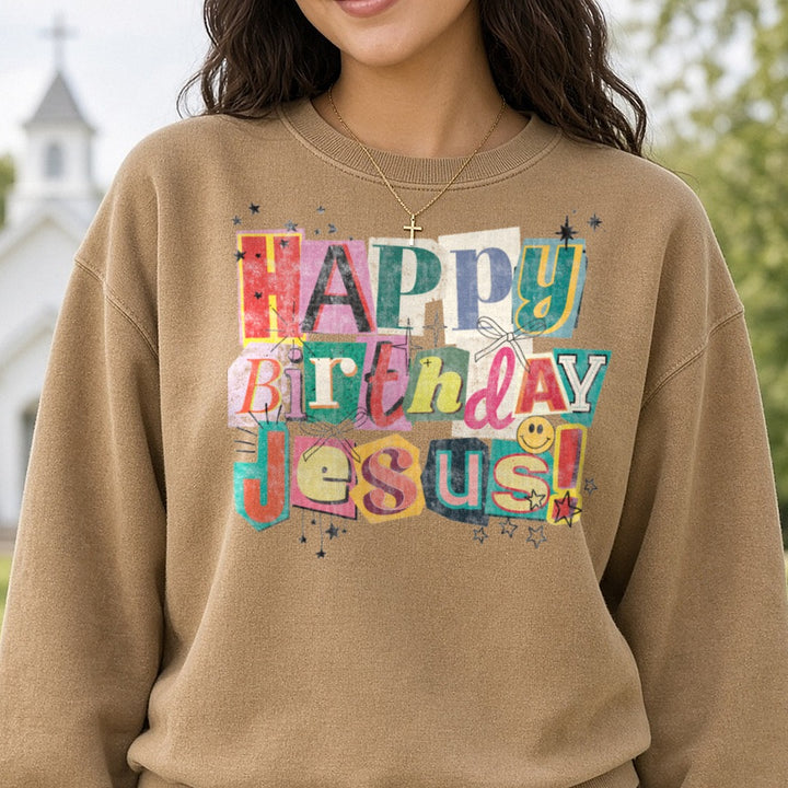 Happy birthday Jesus distressed DTF transfer shown on a Comfort Colors sweatshirt