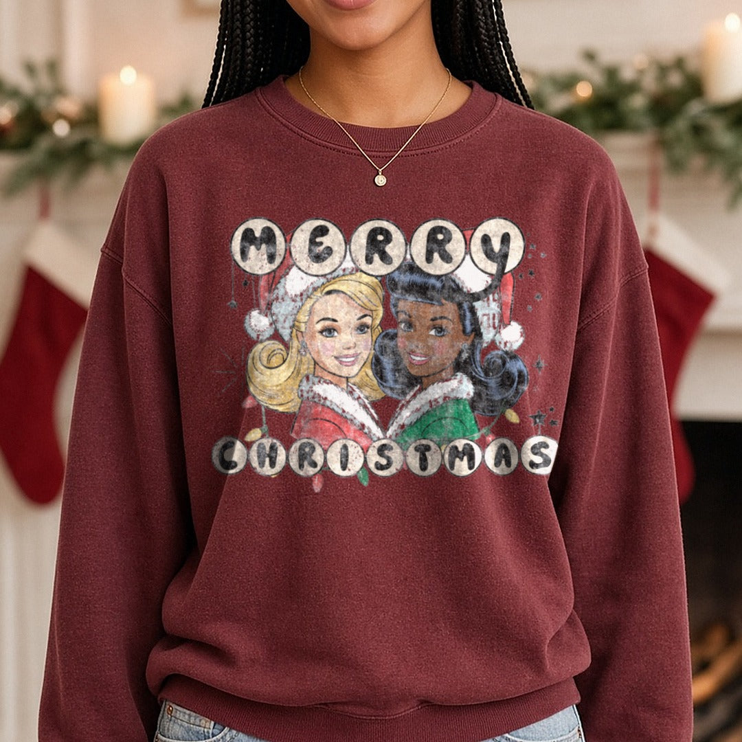 Merry Christmas Barbie DTF transfer shown on a Comfort Colors sweatshirt