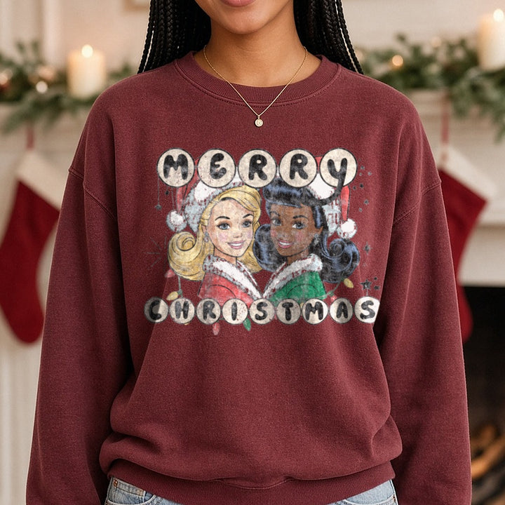 Merry Christmas Barbie DTF transfer shown on a Comfort Colors sweatshirt