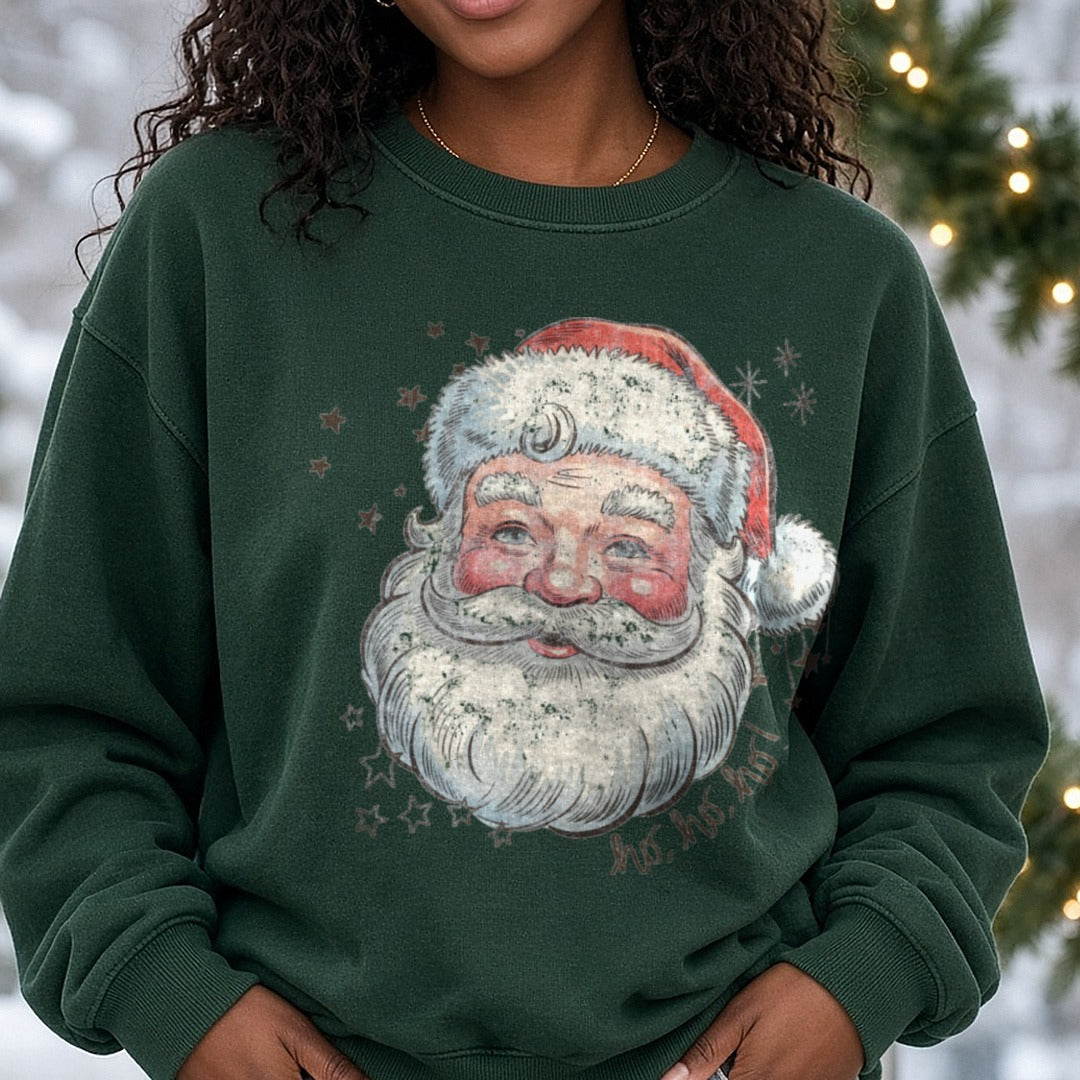 Ho Ho Ho Vintage Santa Face DTF transfer shown on a Comfort Colors sweatshirt