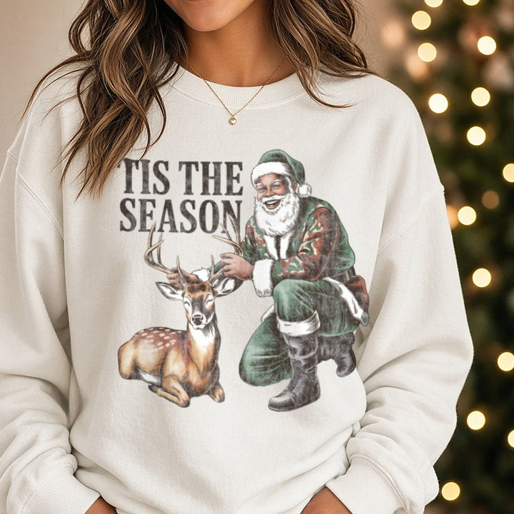 Darker skin tone Santa deer hunting - Copy DTF transfer shown on a Comfort Colors sweatshirt
