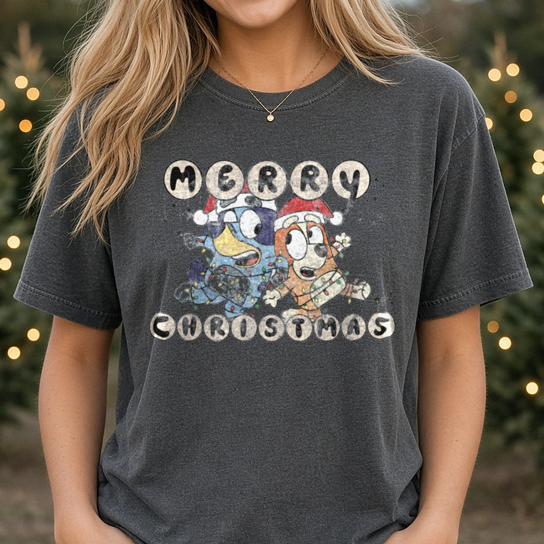 Merry Christmas bluey DTF transfer shown on a Comfort Colors tee