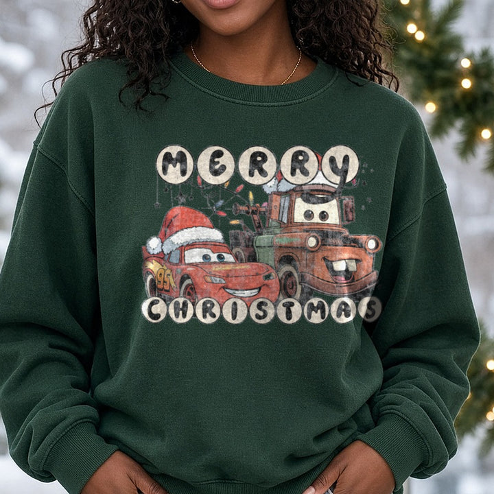 Merry Christmas cars DTF transfer shown on a Comfort Colors sweatshirt