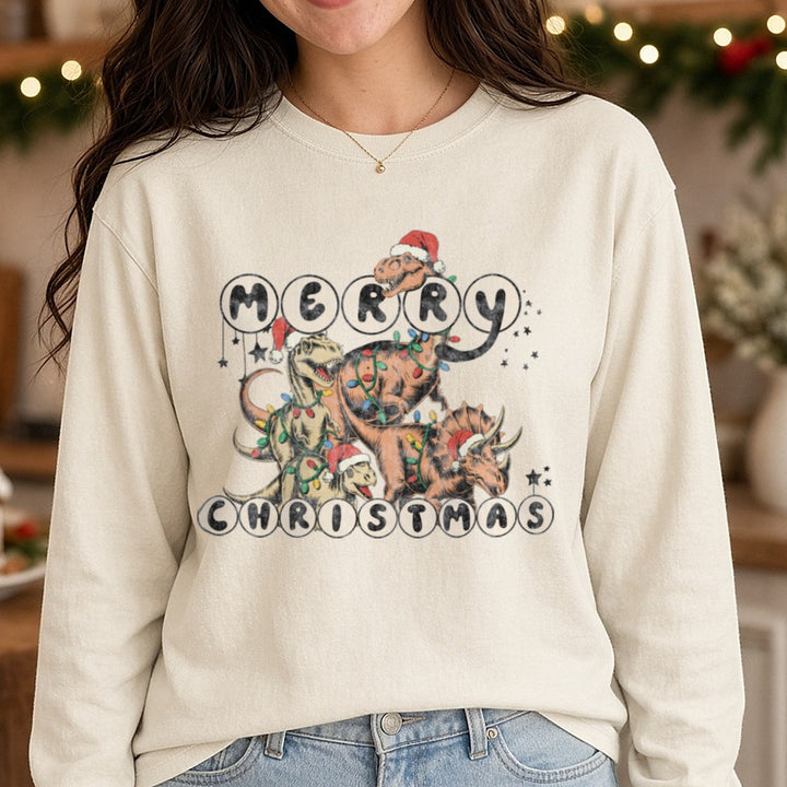 Merry Christmas Dinos DTF transfer shown on a Comfort Colors long sleeve tee
