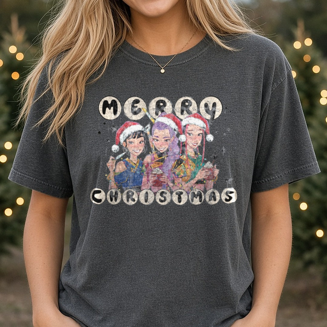 Merry Christmas k pop demon hunters DTF transfer shown on a Comfort Colors tee