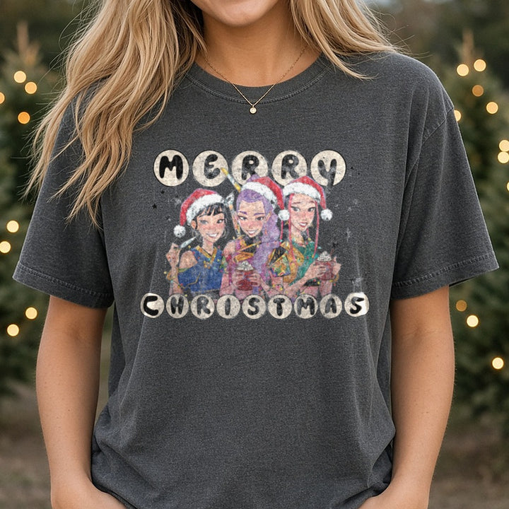 Merry Christmas k pop demon hunters DTF transfer shown on a Comfort Colors tee