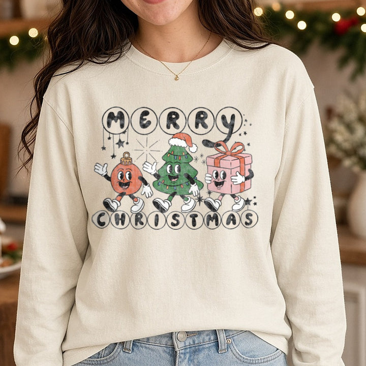 Merry Christmas distressed DTF transfer shown on a Comfort Colors long sleeve tee
