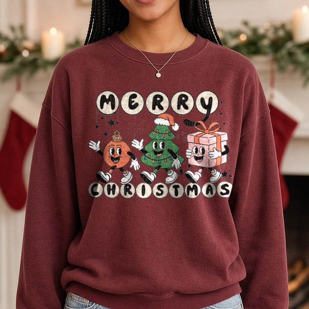 Merry Christmas DTF transfer shown on a Comfort Colors sweatshirt