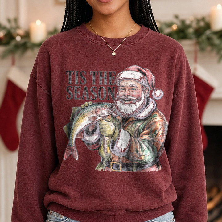 Santa fishing DTF transfer shown on a Comfort Colors sweatshirt