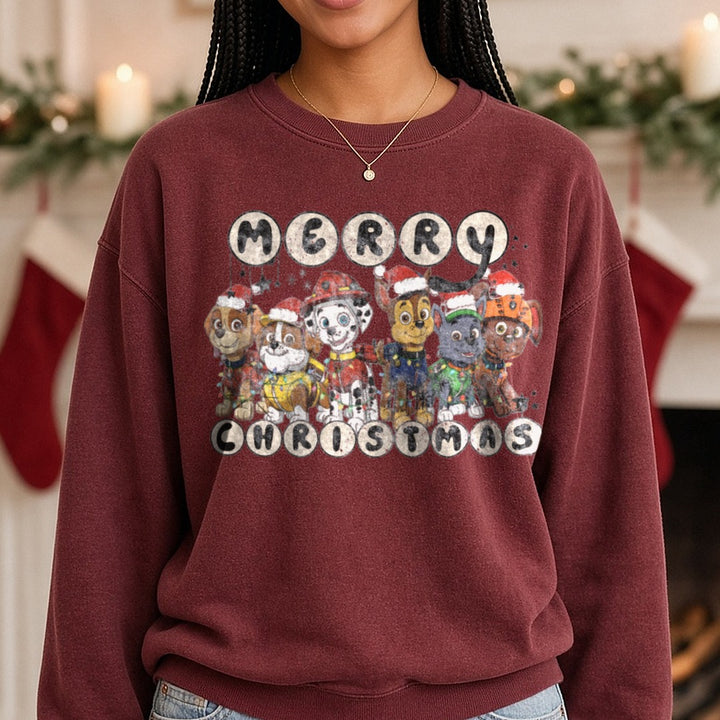 Merry Christmas paw patrol DTF transfer shown on a Comfort Colors sweatshirt