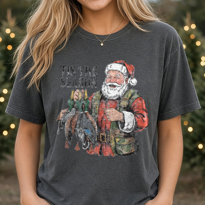 Santa duck hunting 3 DTF transfer shown on a Comfort Colors tee