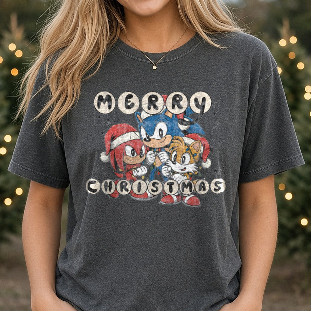 Merry Christmas sonic DTF transfer shown on a Comfort Colors tee