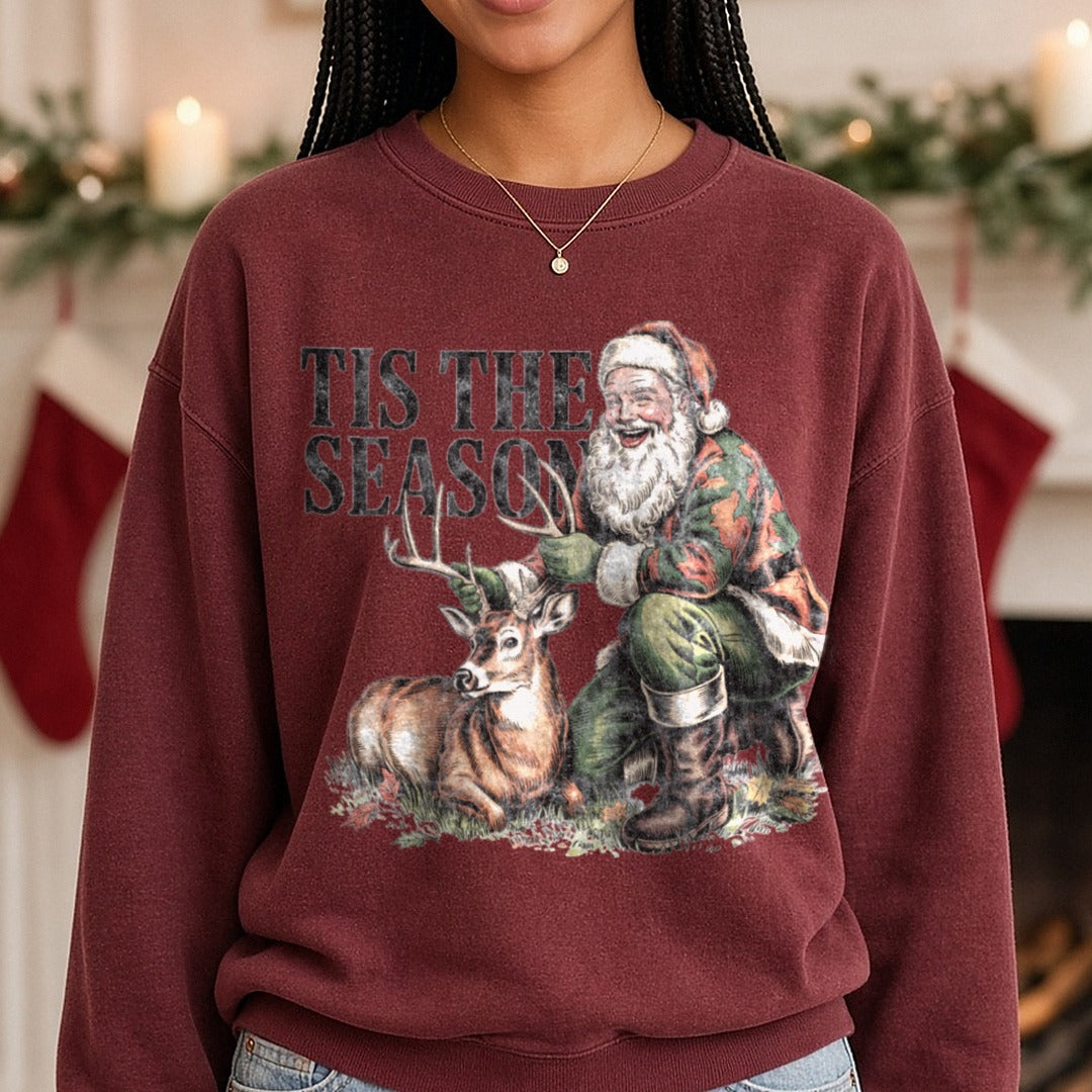 Santa deer hunting DTF transfer shown on a Comfort Colors sweatshirt