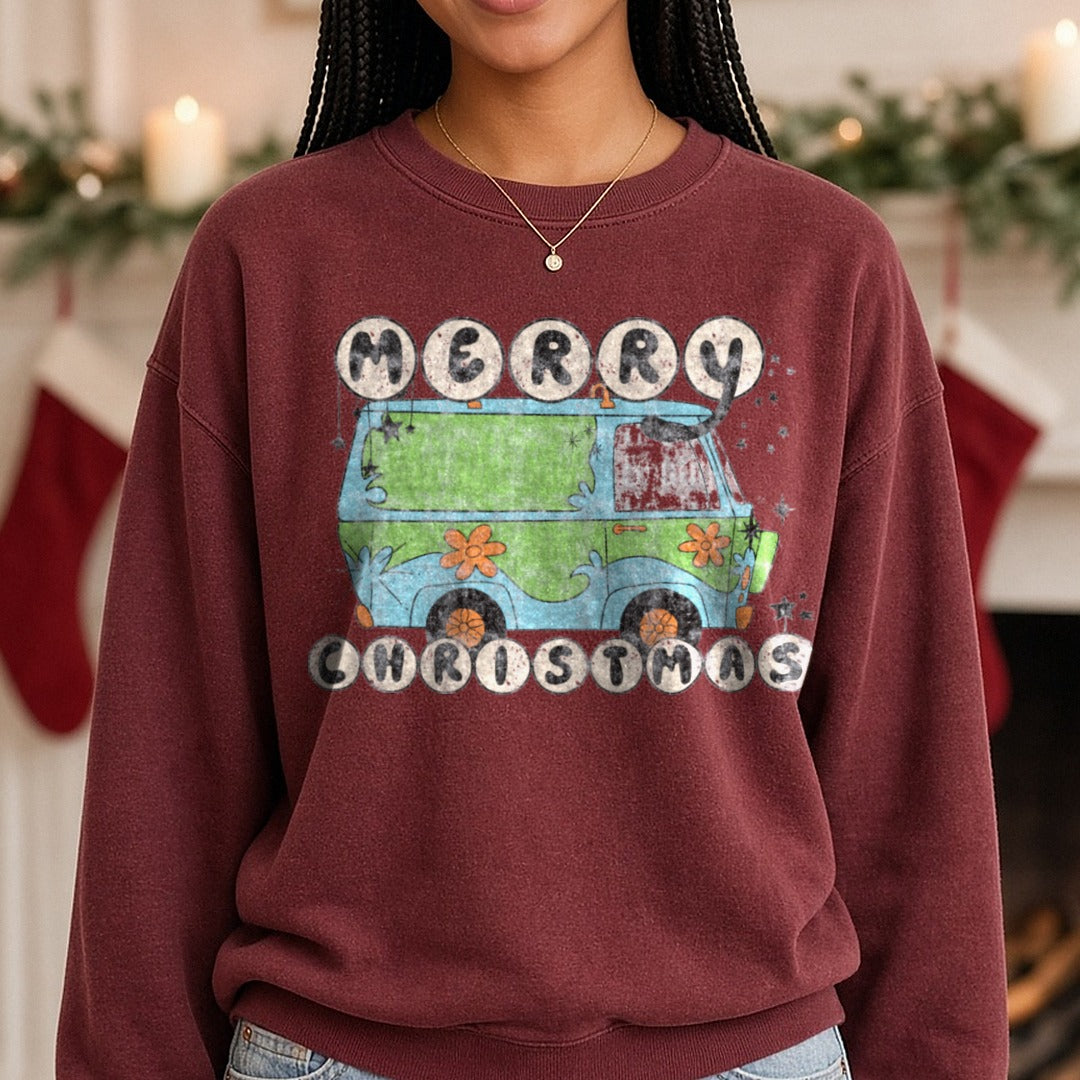 Merry Christmas scooby Doo DTF transfer shown on a Comfort Colors sweatshirt