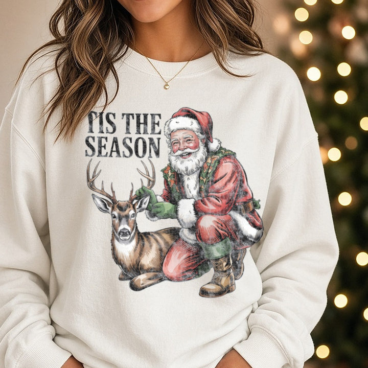 Santa deer hunting 2 DTF transfer shown on a Comfort Colors sweatshirt