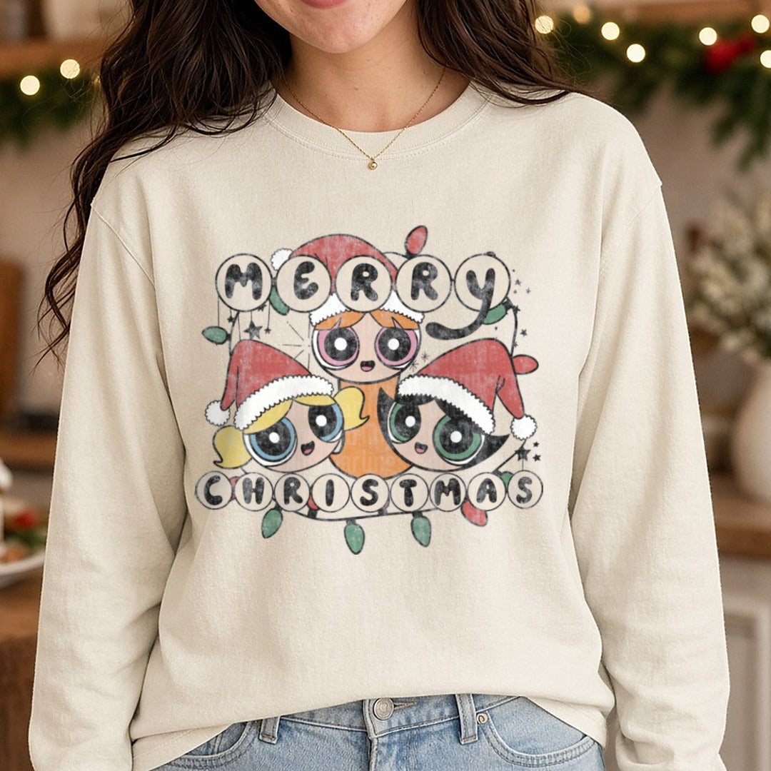 Merry Christmas power puff girls DTF transfer shown on a Comfort Colors long sleeve tee