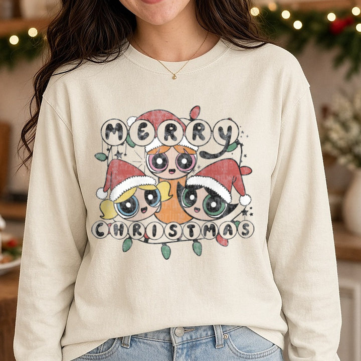 Merry Christmas power puff girls DTF transfer shown on a Comfort Colors long sleeve tee